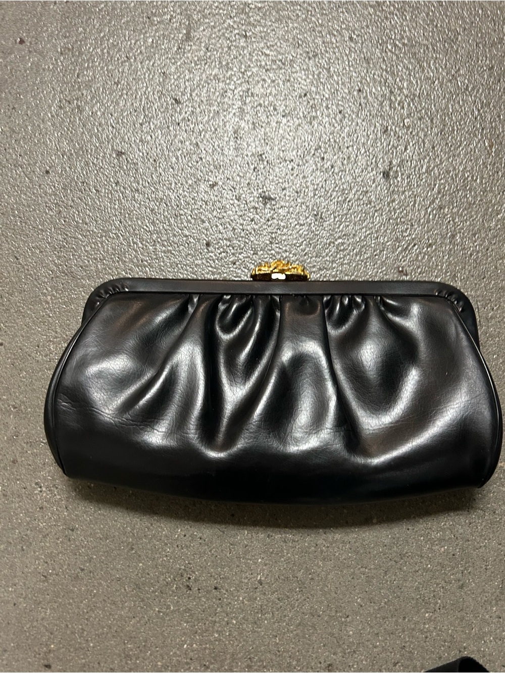 Vintage Convertible Black Leather Ruched Frame Clutch with Textured Gold Clasp